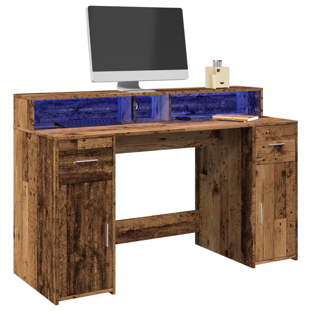 Radni stol s LED svjetlima boja staro drvo 140x55x91 cm drveni