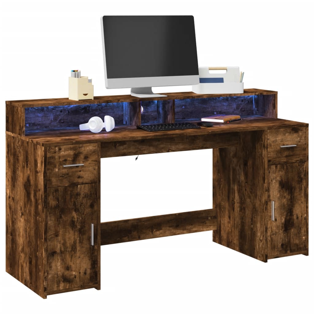 Radni stol s LED svjetlima boja hrasta 160x55x91 cm drveni