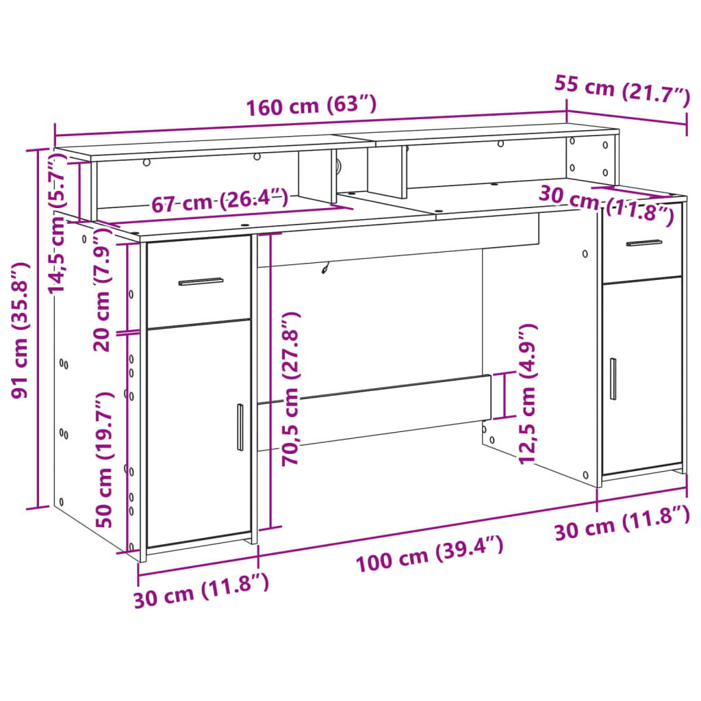 Radni stol s LED svjetlima siva boja hrasta 160x55x91 cm drveni