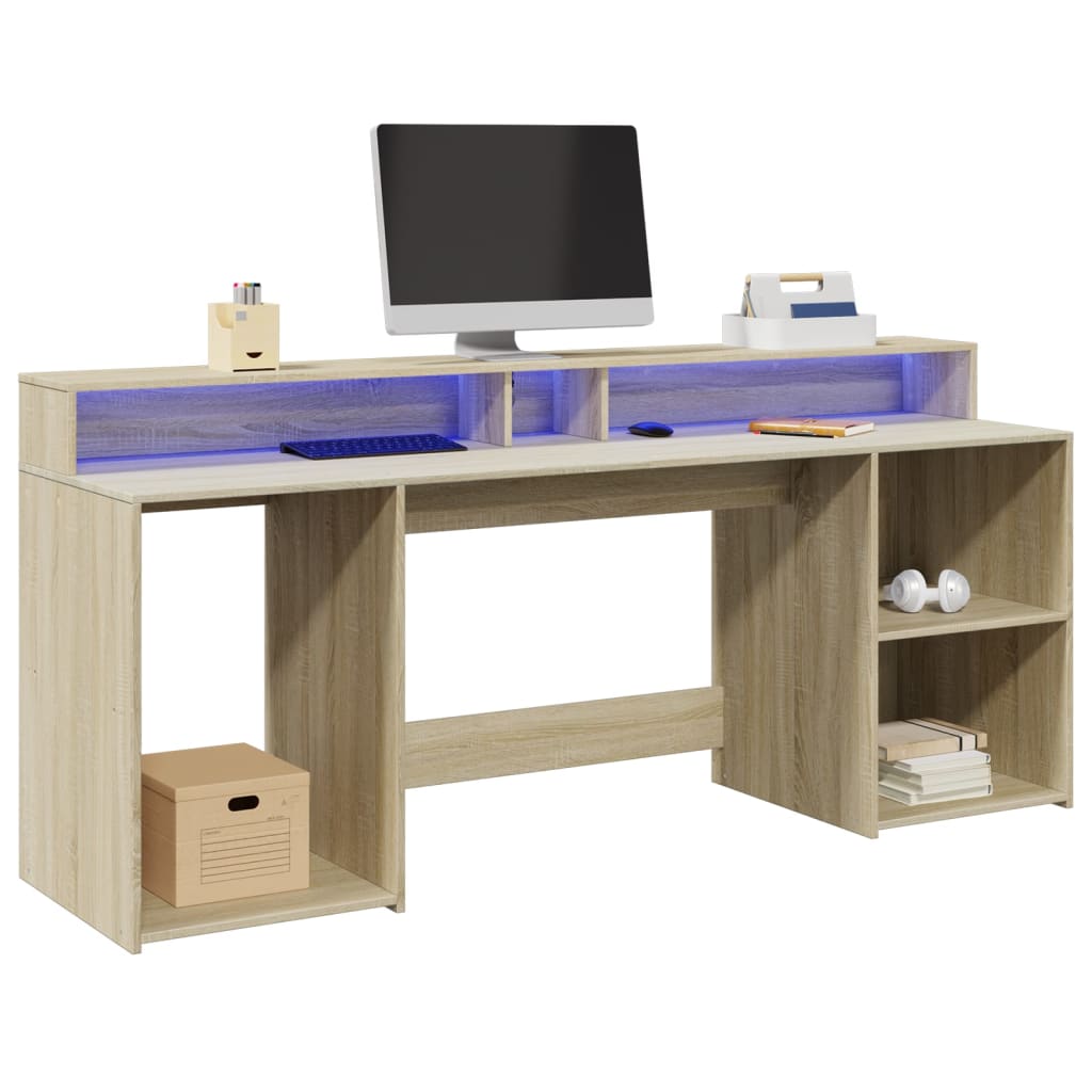 Radni stol s LED svjetlima boja hrasta 200 x 55 x 91 cm drveni