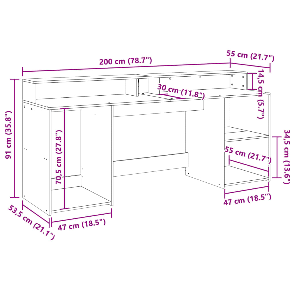 Radni stol s LED svjetlima boja starog drva 200x55x91 cm drveni