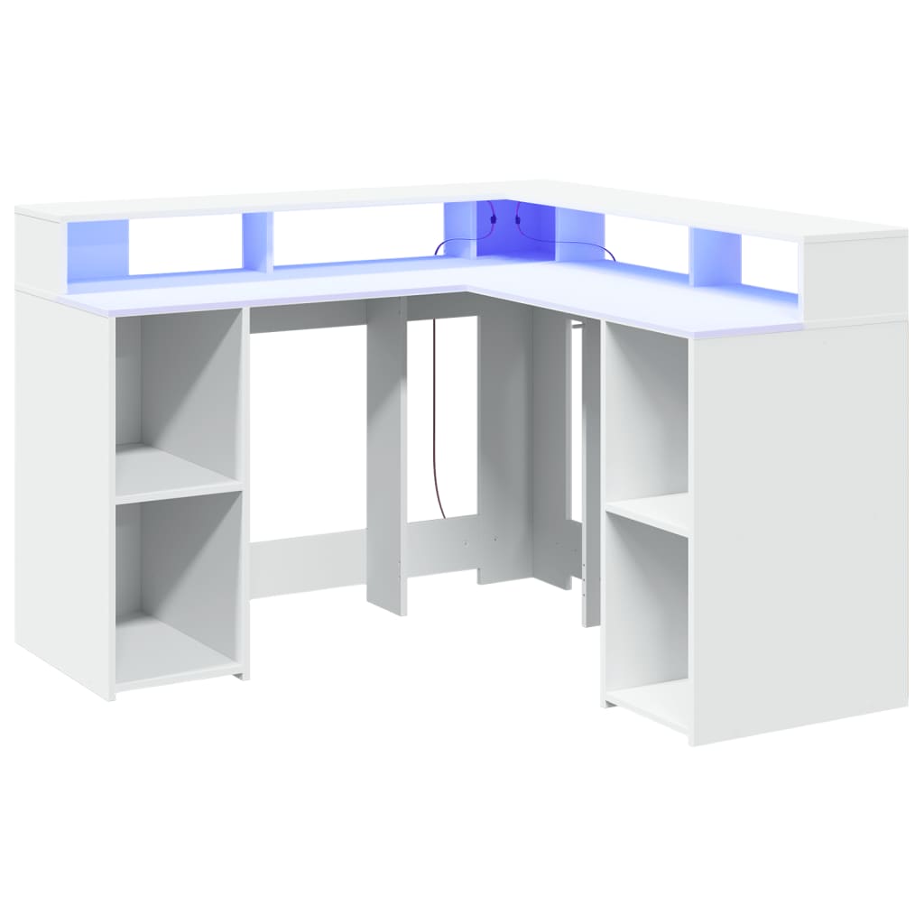 Radni stol s LED svjetlima bijeli 130 x 130 x 91 cm drveni