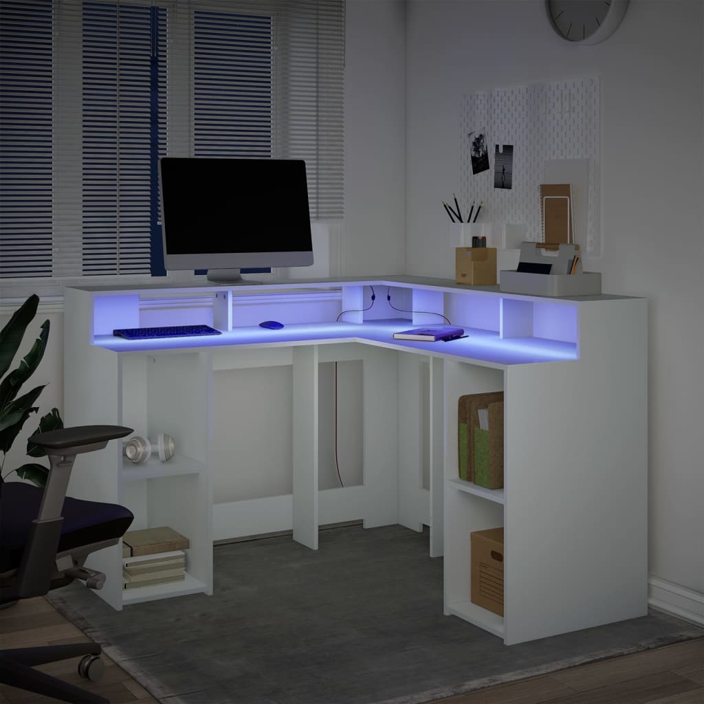 Radni stol s LED svjetlima bijeli 130 x 130 x 91 cm drveni