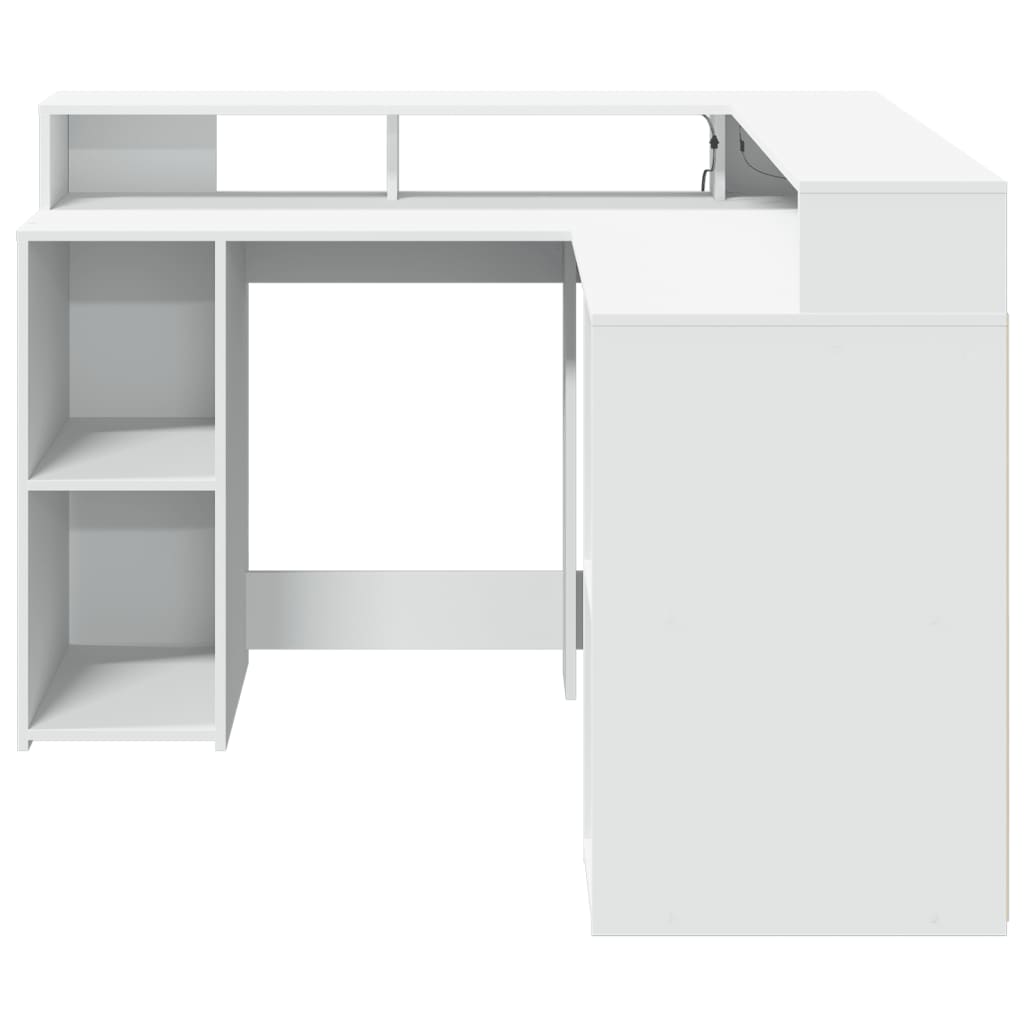 Radni stol s LED svjetlima bijeli 130 x 130 x 91 cm drveni