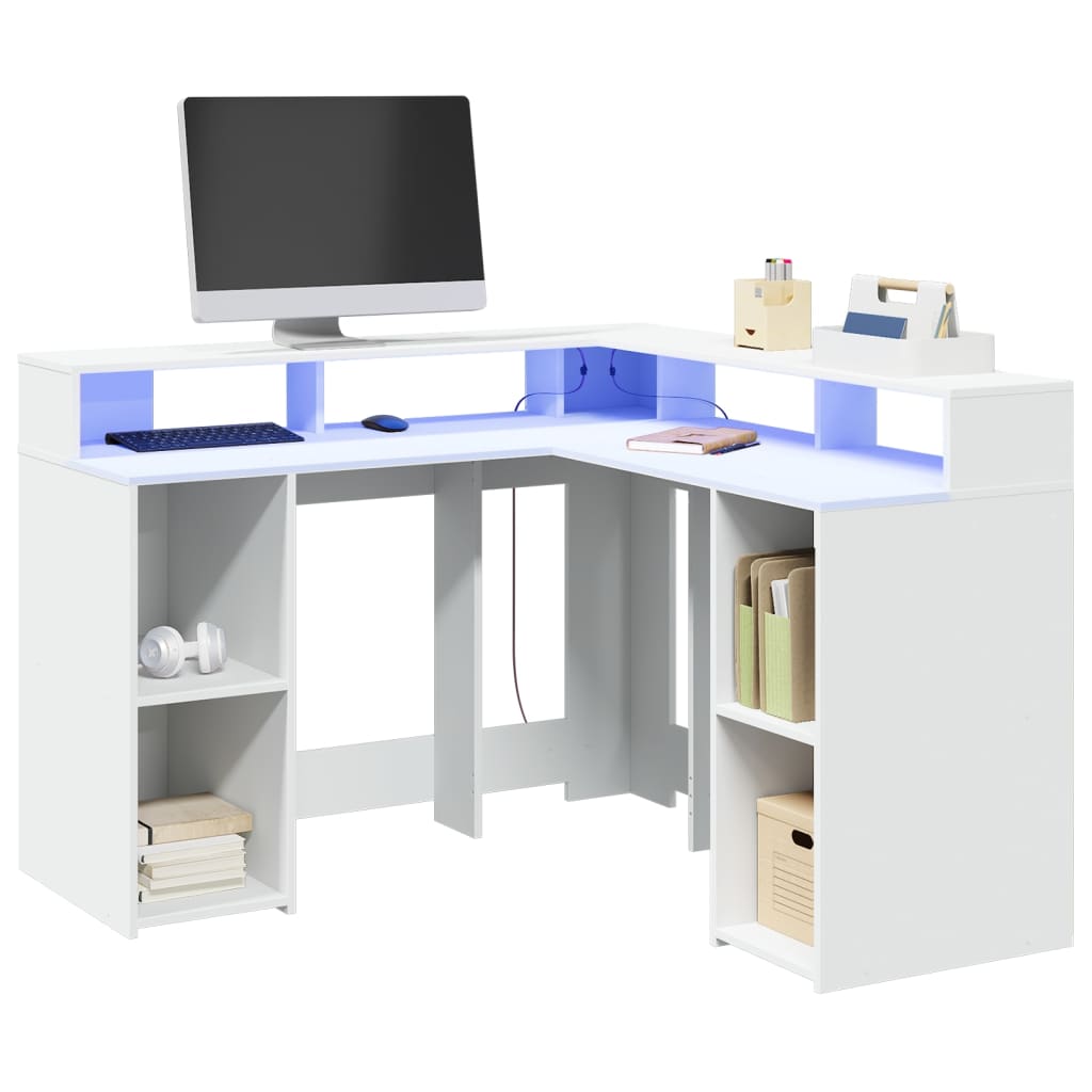 Radni stol s LED svjetlima bijeli 130 x 130 x 91 cm drveni