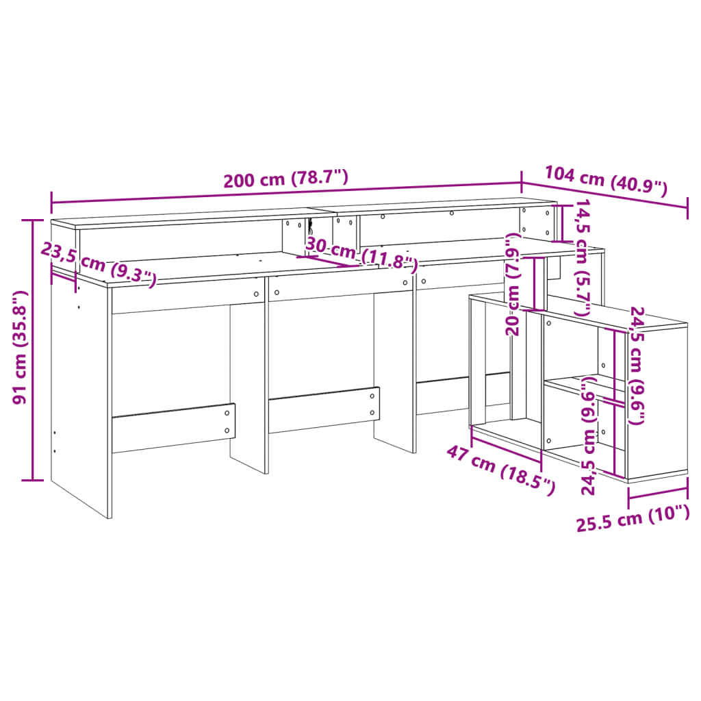 Radni stol s LED svjetlima boja starog drva 200x104x91cm drveni