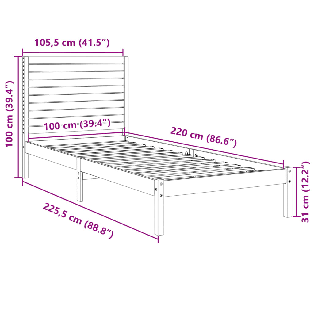Dugi okvir kreveta bez madraca bijeli 100 x 220 cm masivno drvo