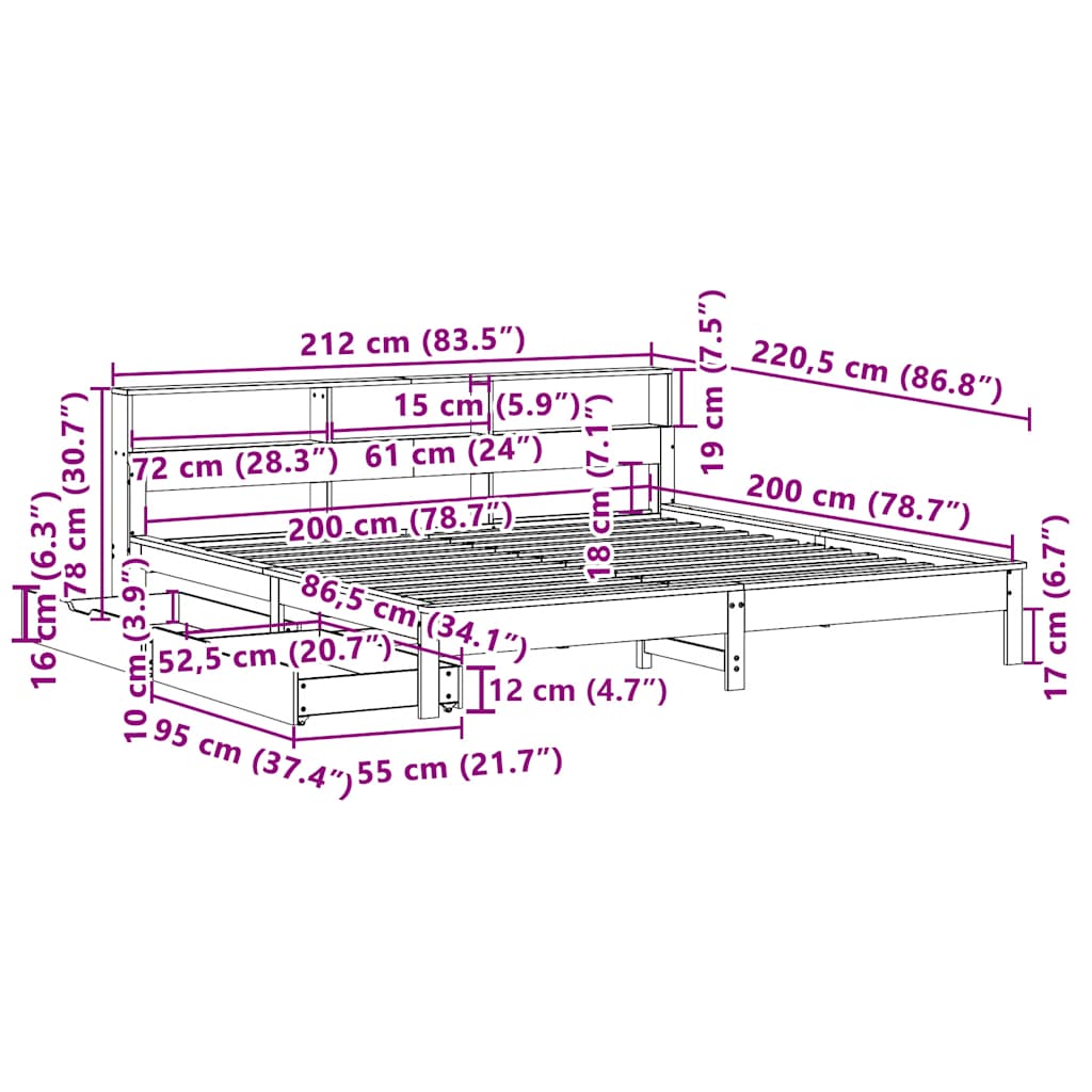 Krevet s regalom z knjige bez madraca bijeli 200x200cm borovina