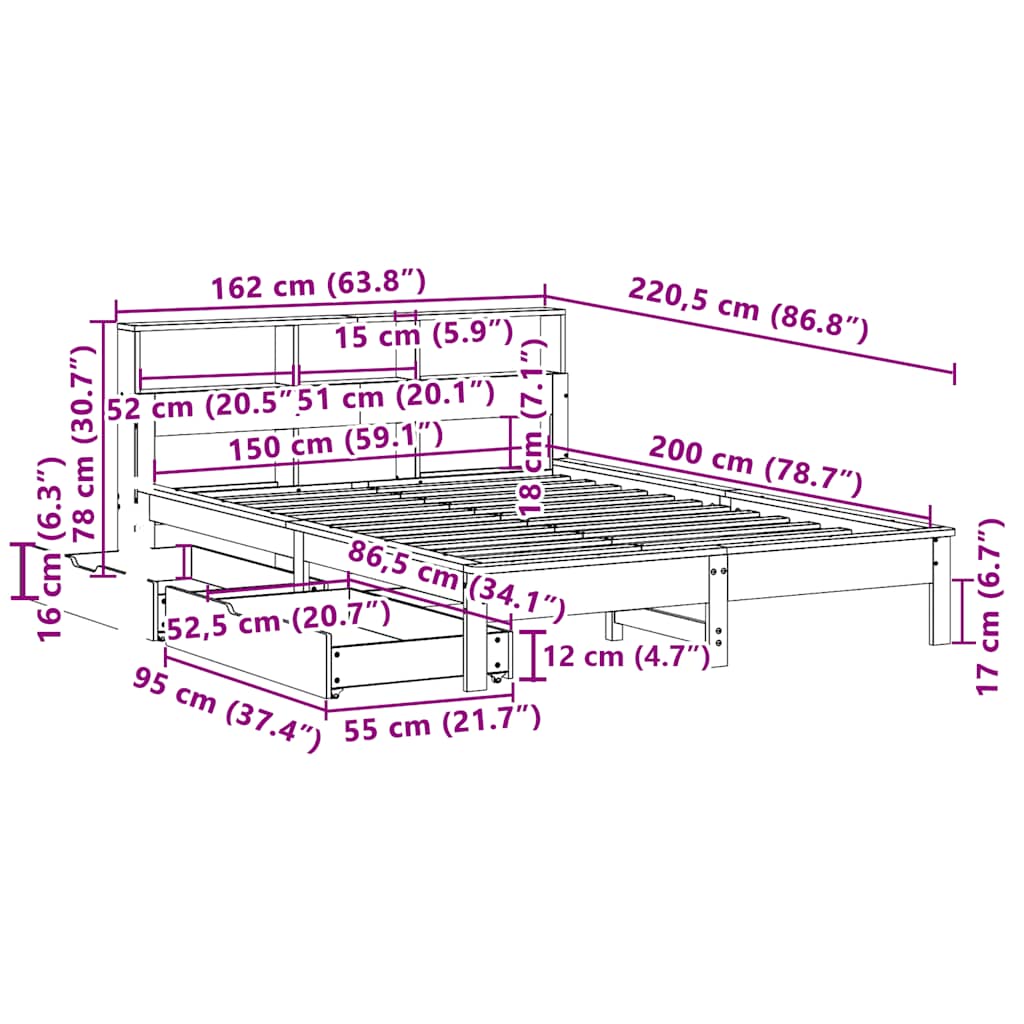Krevet s regalom za knjige bez madraca 150x200 cm od borovine