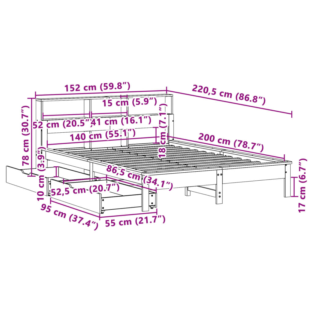 Krevet s regalom z knjige bez madraca bijeli 140x200cm borovina