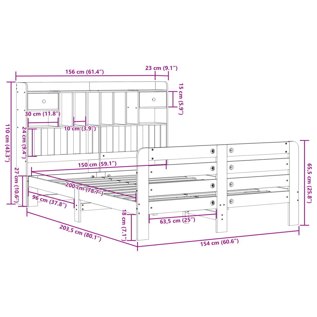 Krevet s regalom za knjige bez madraca 150x200 cm od borovine