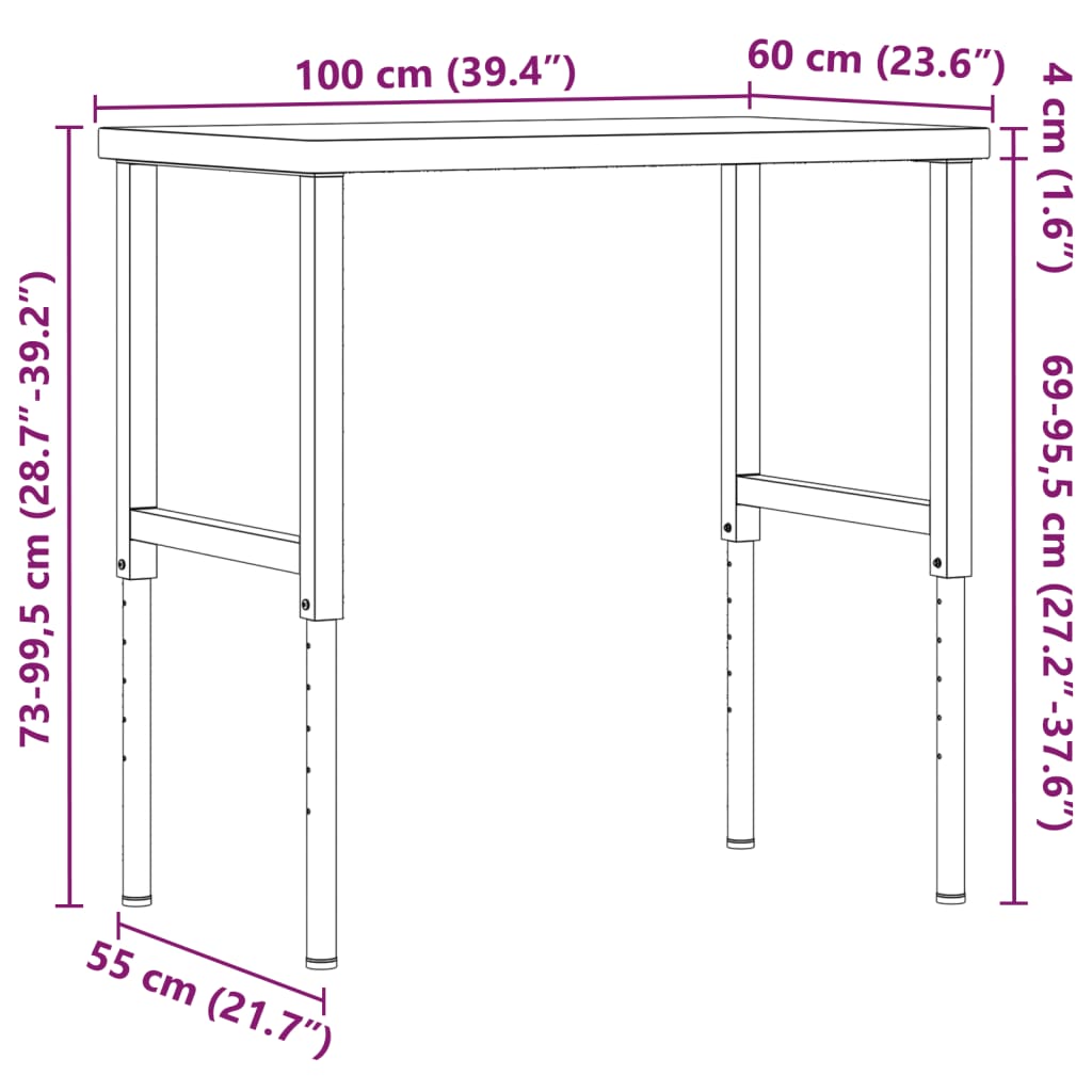 Radni stol 100x60x(73-99,5) cm od masivne hrastovine pravokutni