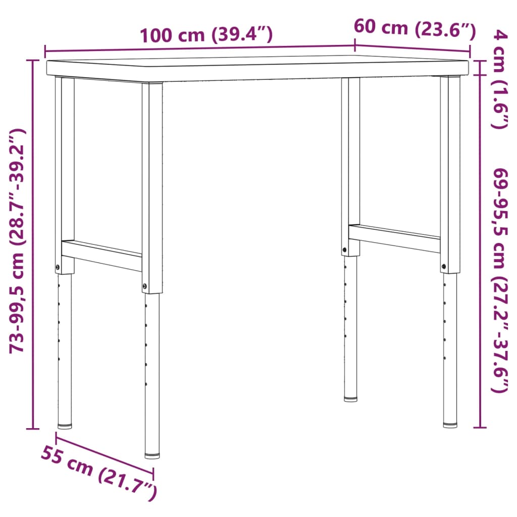 Radni stol 100x60x(73-99,5) cm masivno drvo bagrema pravokutni