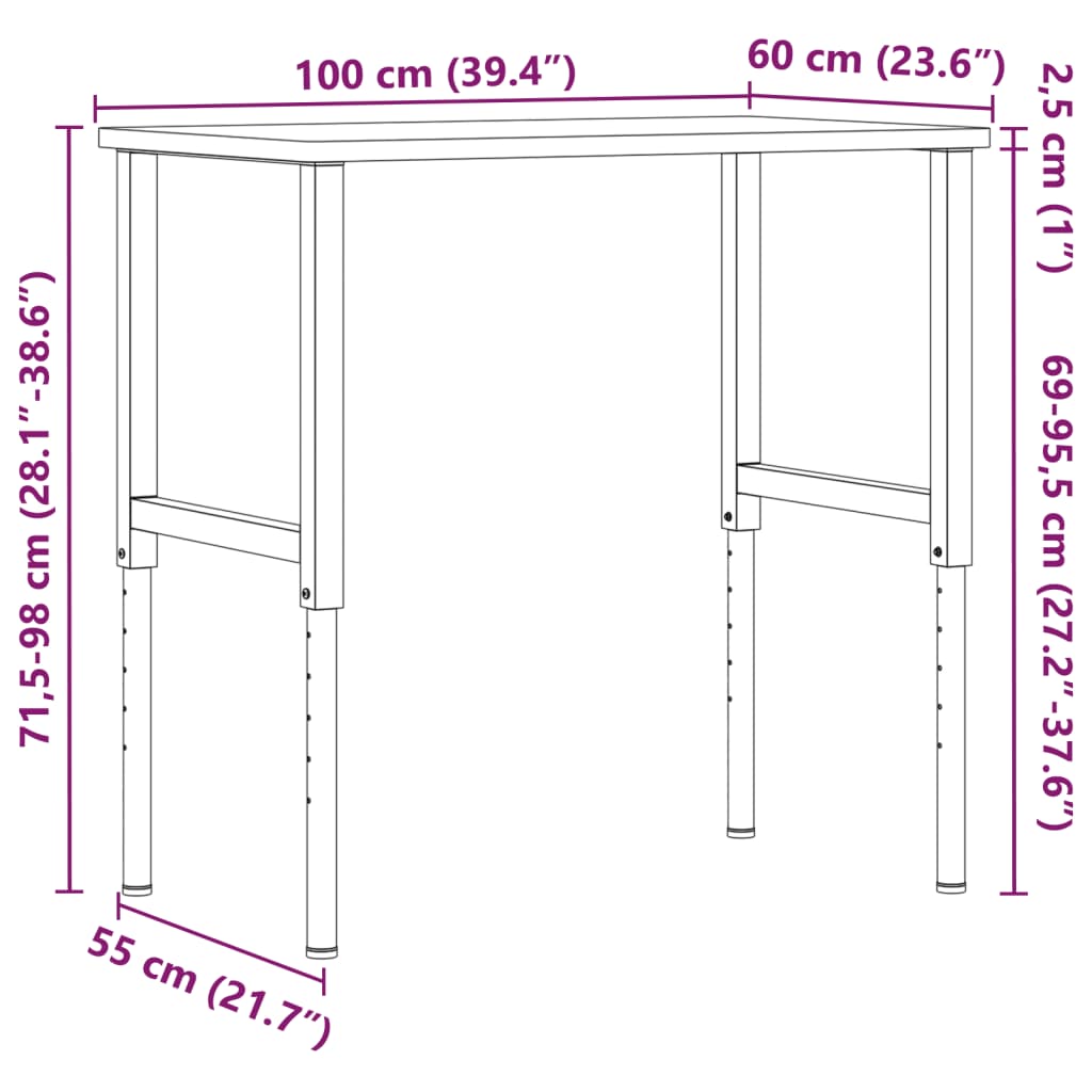 Radni stol 100x60x(71,5-98) cm od masivne bukovine pravokutni