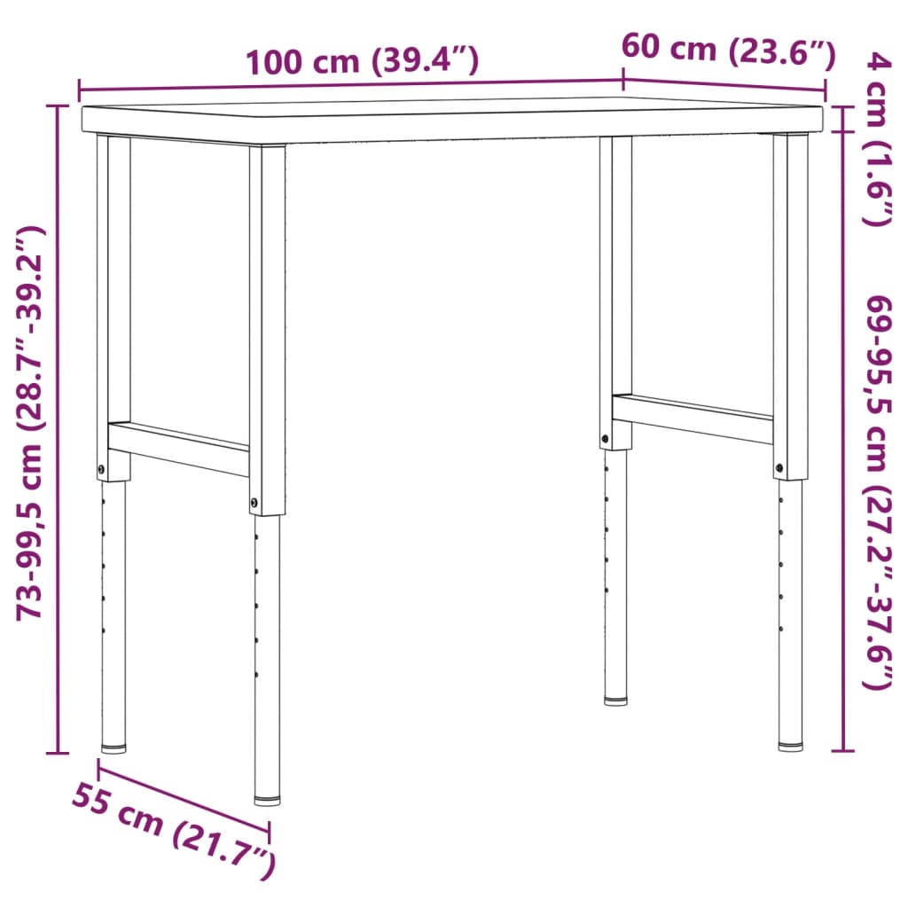Radni stol 100x60x(73-99,5) cm masivno drvo bagrema pravokutni
