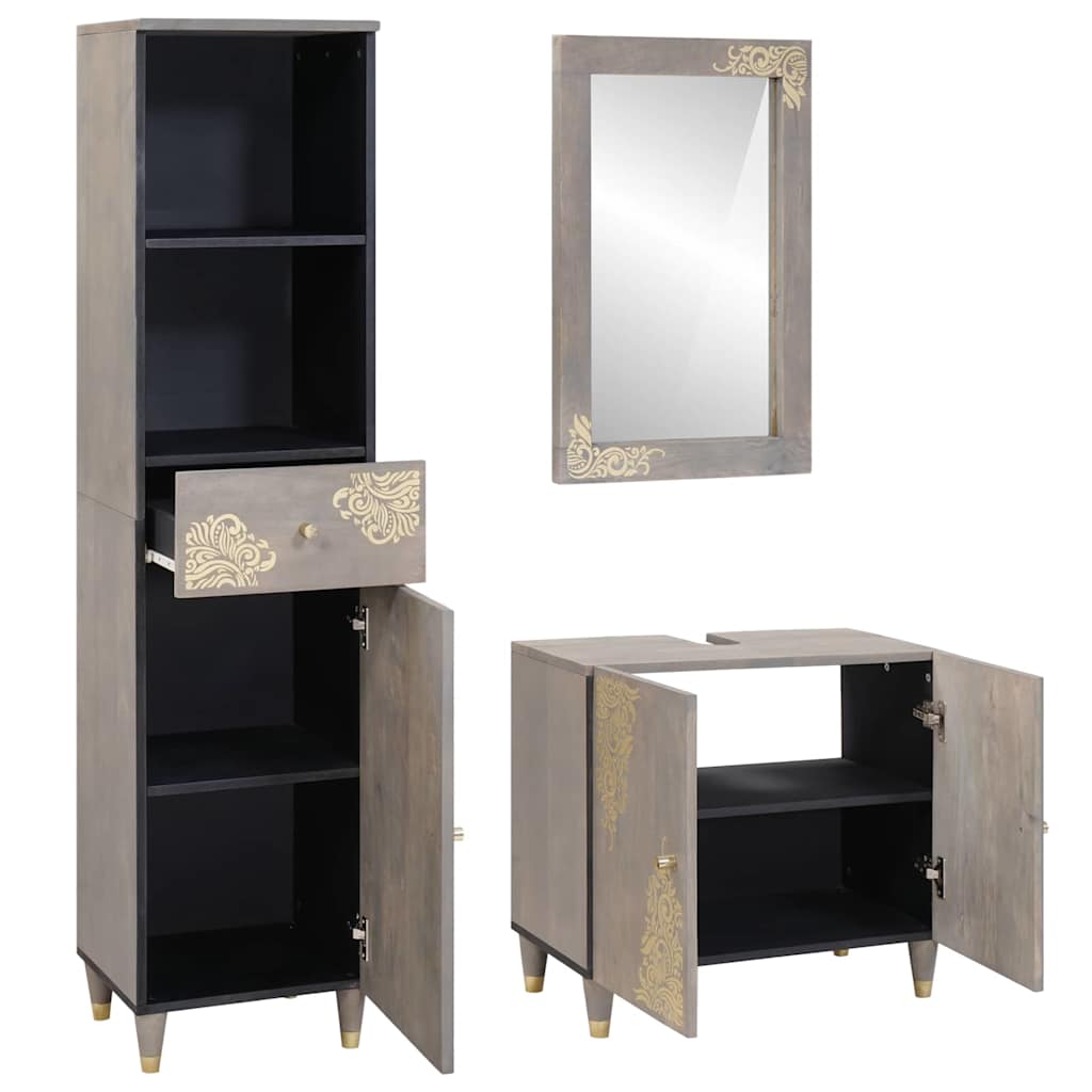 Set ormarića za kupaonicu Zidne 3 pcs Siva Čvrsto drvo manga