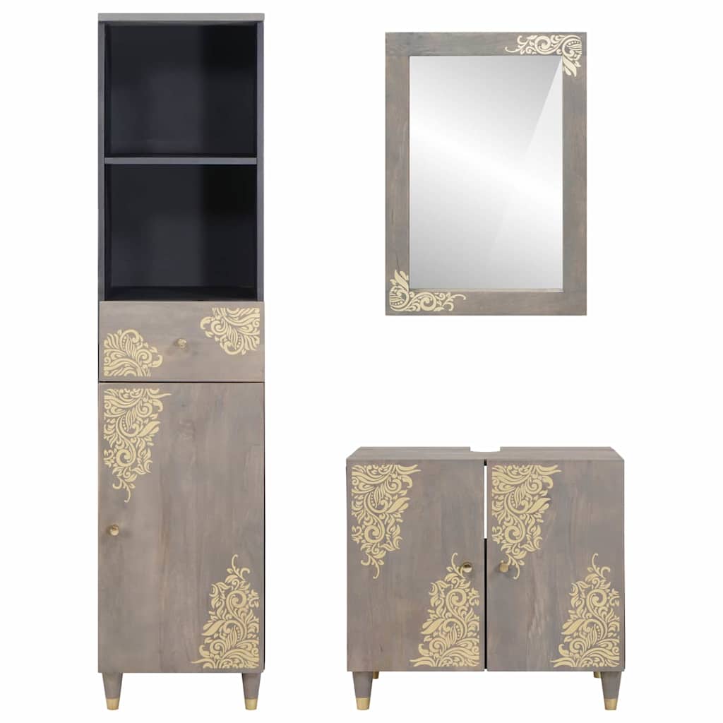 Set ormarića za kupaonicu Zidne 3 pcs Siva Čvrsto drvo manga