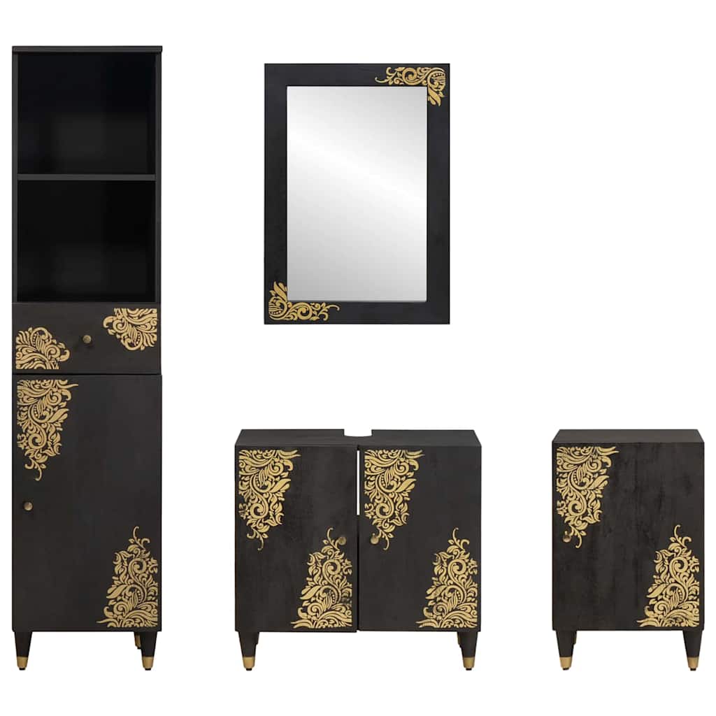 Set ormarića za kupaonicu Zidne 4 pcs Crna Čvrsto drvo manga