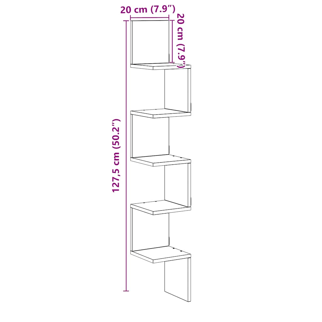 Zidna kutna polica staro drvo 20x20x127,5 cm konstruirano drvo