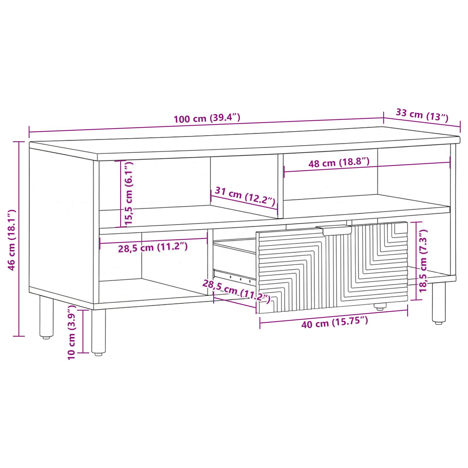 TV ormar s ladicama Smeđa 100 x 33 x 46 cm Čvrsto drvo manga