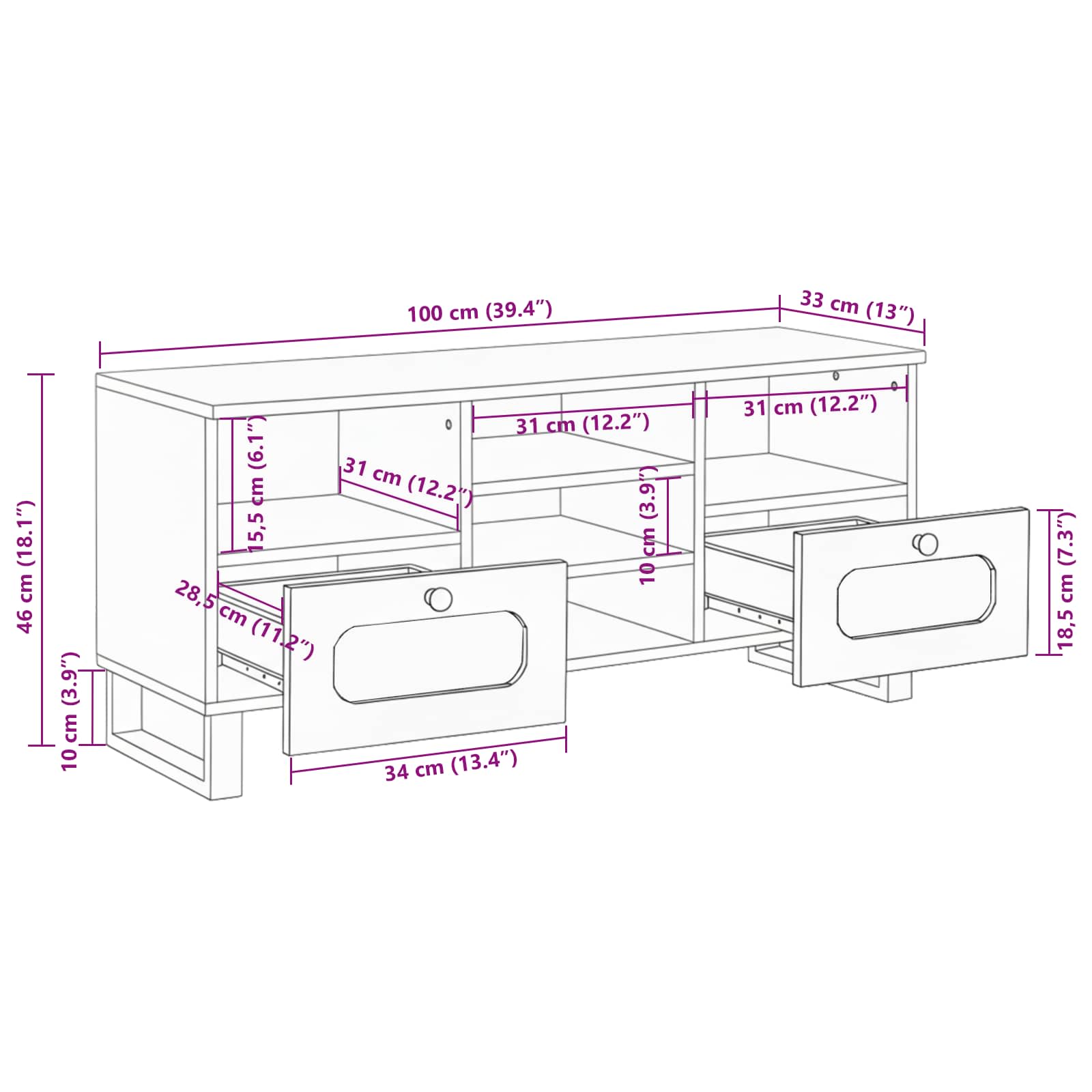 TV ormar s ladicama Smeđa 100 x 33 x 46 cm Čvrsto drvo manga