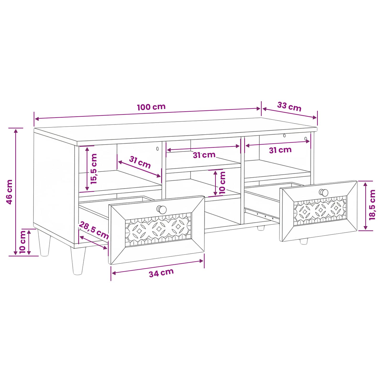 TV ormar s ladicama 100 x 33 x 46 cm Čvrsto drvo manga