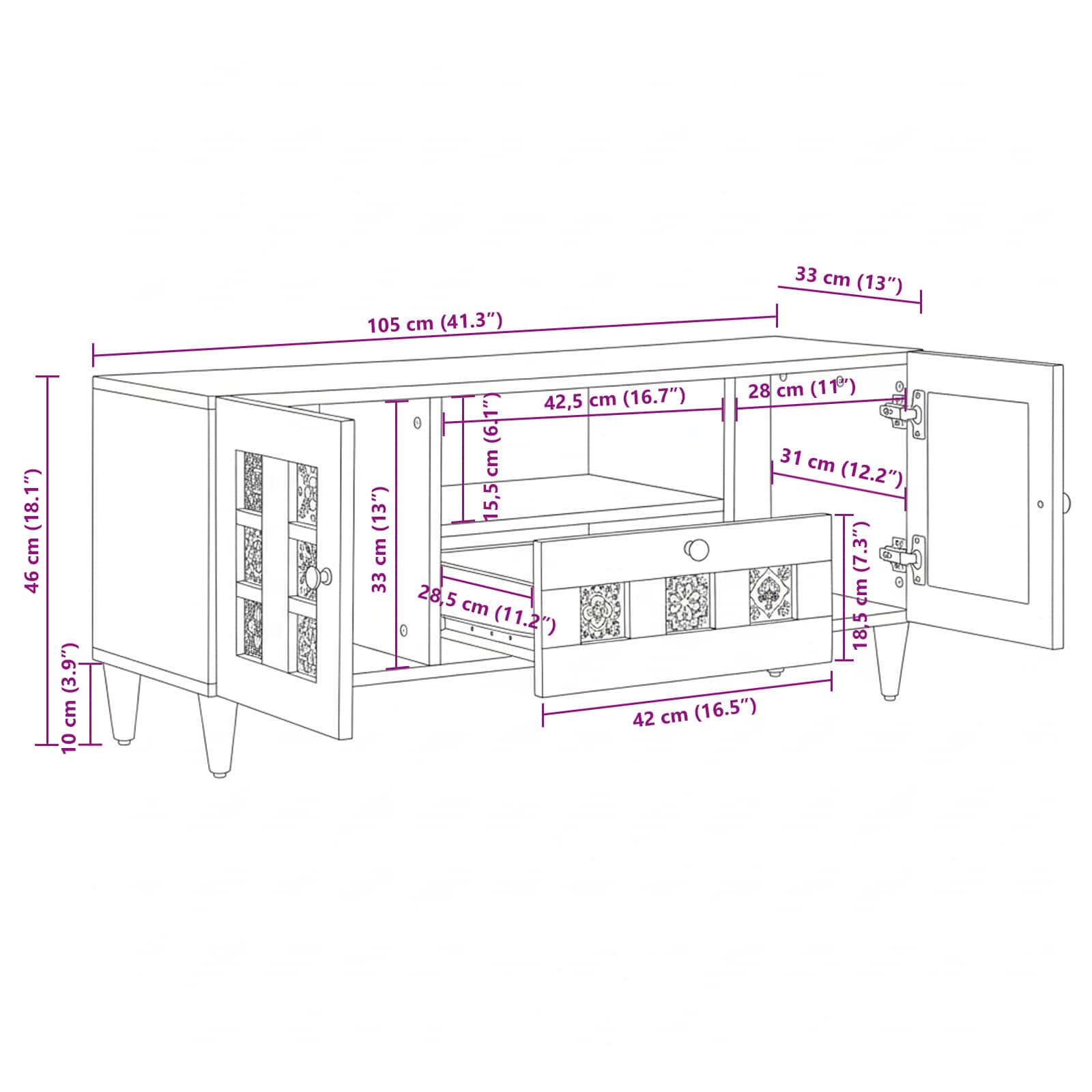 TV ormar s ladicama Orah 105 x 33 x 46 cm Čvrsto drvo manga