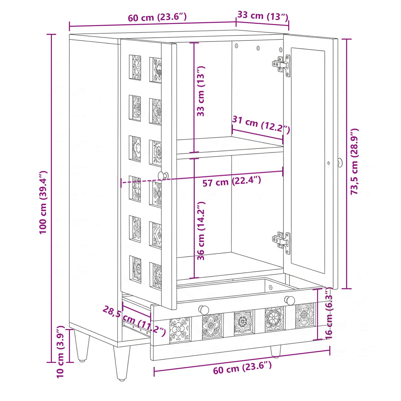 Highboard s ladicama Orah 60 x 33,5 x 100 cm Čvrsto drvo manga