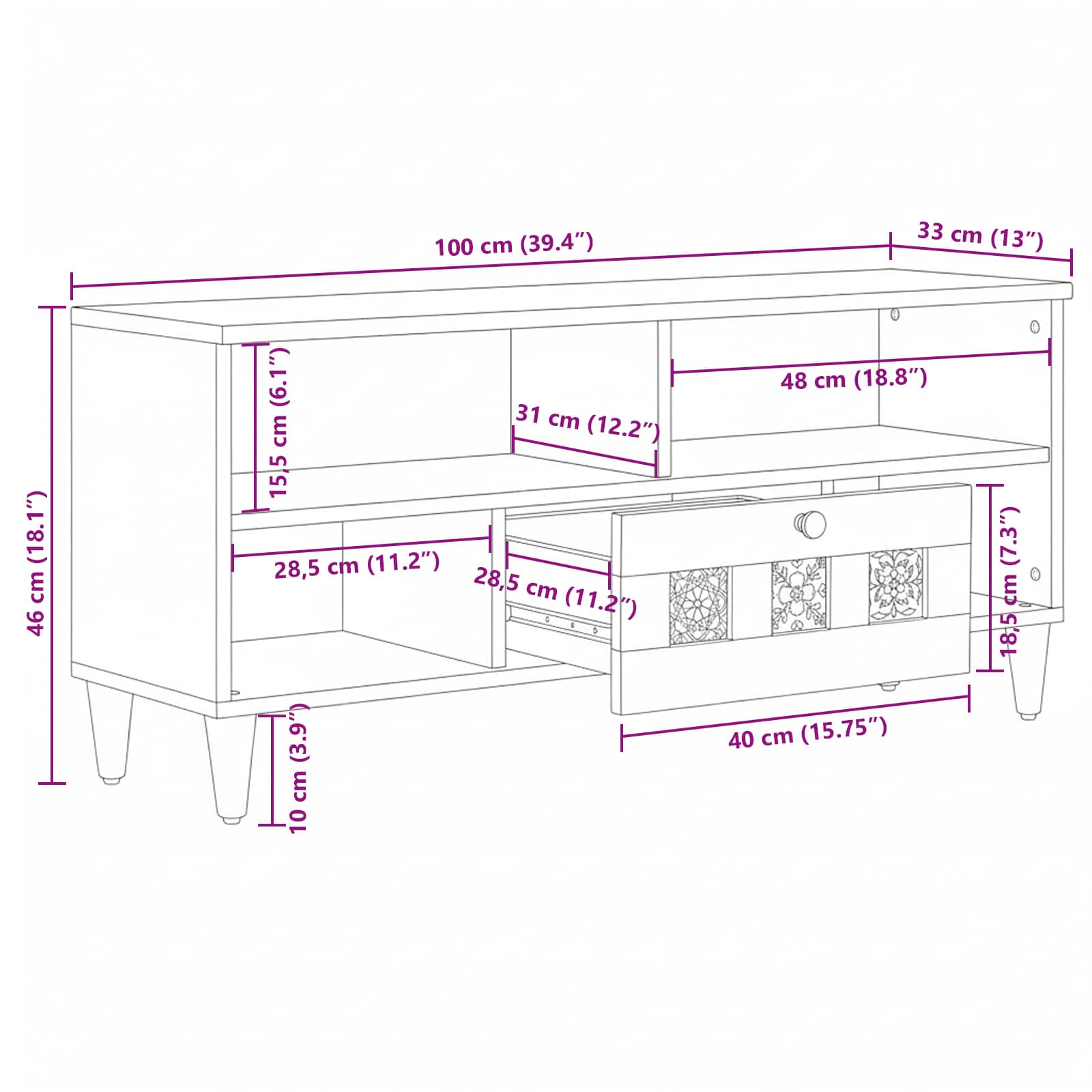 TV ormar s ladicama Prirodna 100 x 33 x 46 cm Čvrsto drvo manga