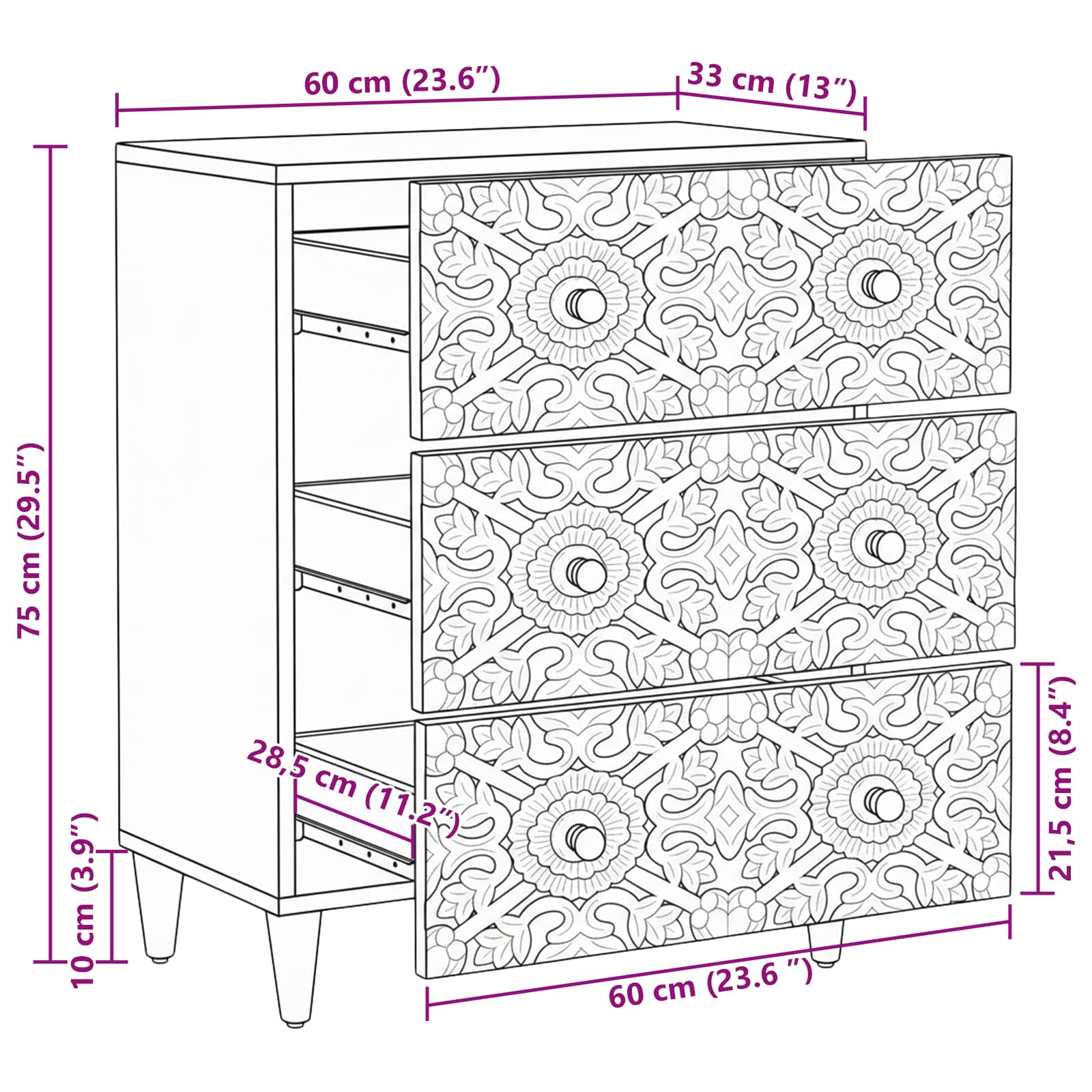Sideboard za Pohranu Smeđa 60 x 33,5 x 75 cm Čvrsto drvo manga