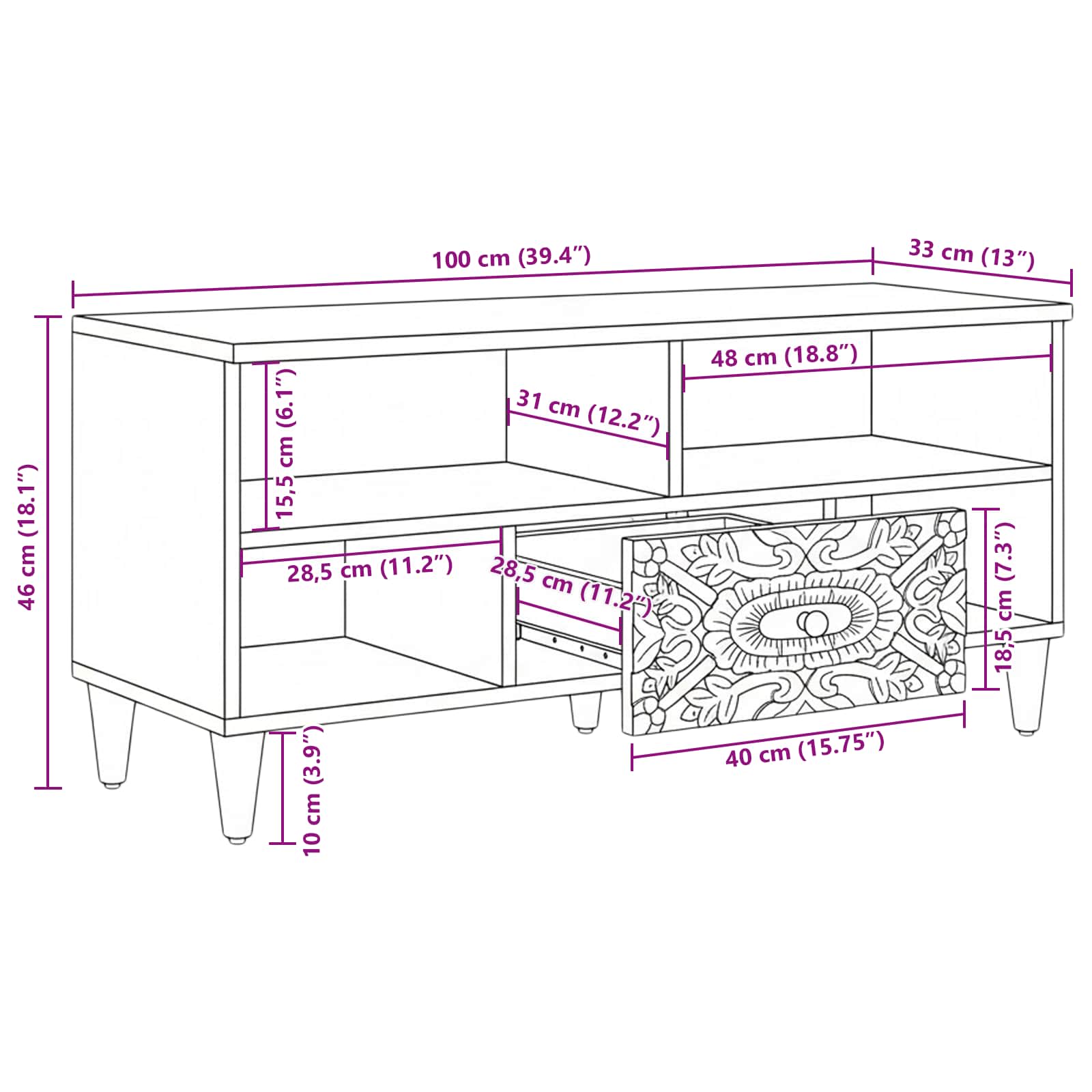 TV ormar s ladicama Smeđa 100 x 33,5 x 46 cm Čvrsto drvo manga