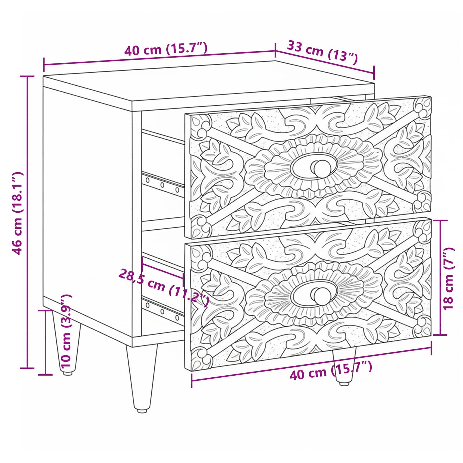 Noćni ormar 2 pcs Bijelo 40 x 33,5 x 46 cm Čvrsto drvo manga