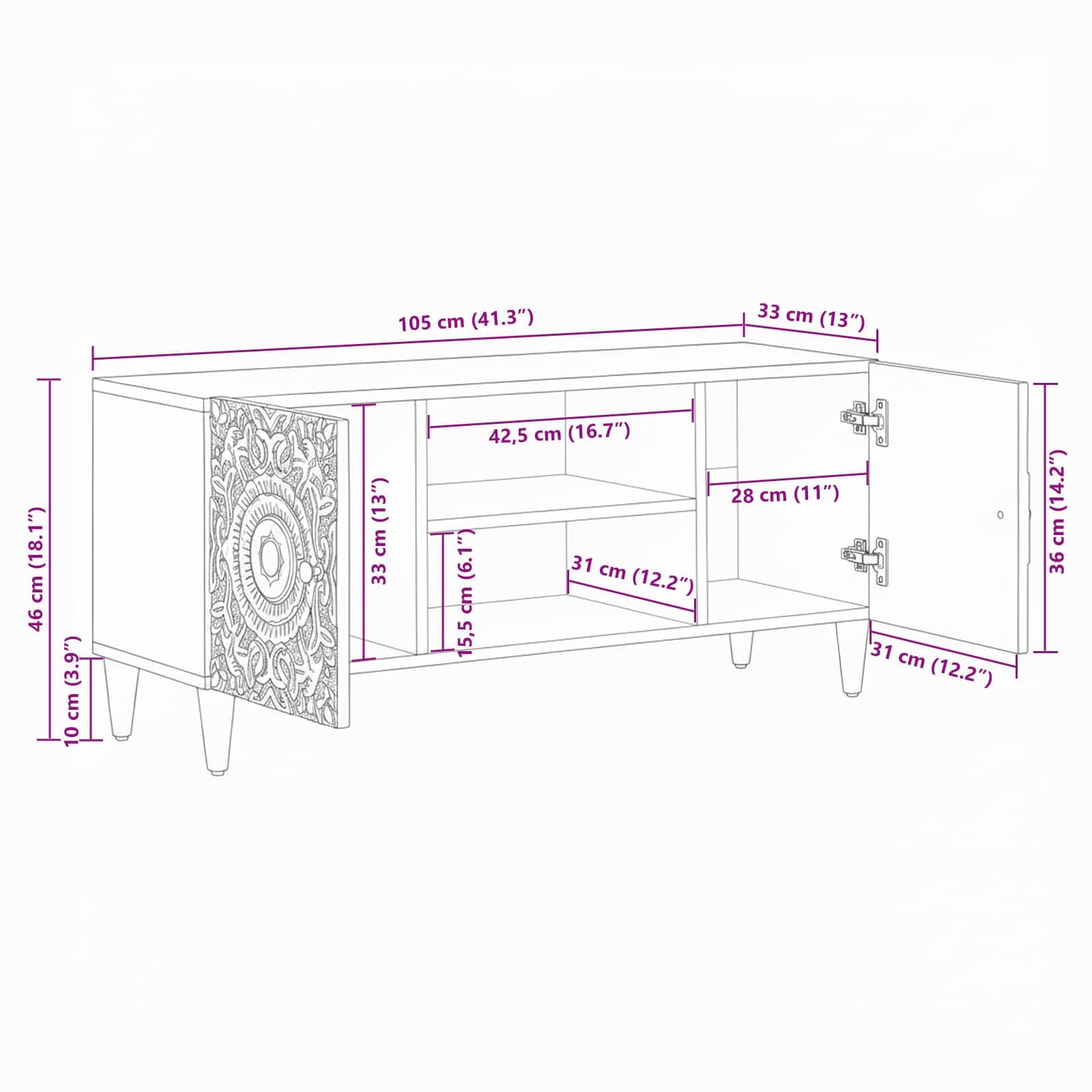 TV ormar s pohranom Bijelo 105 x 33,5 x 46 cm Čvrsto drvo manga