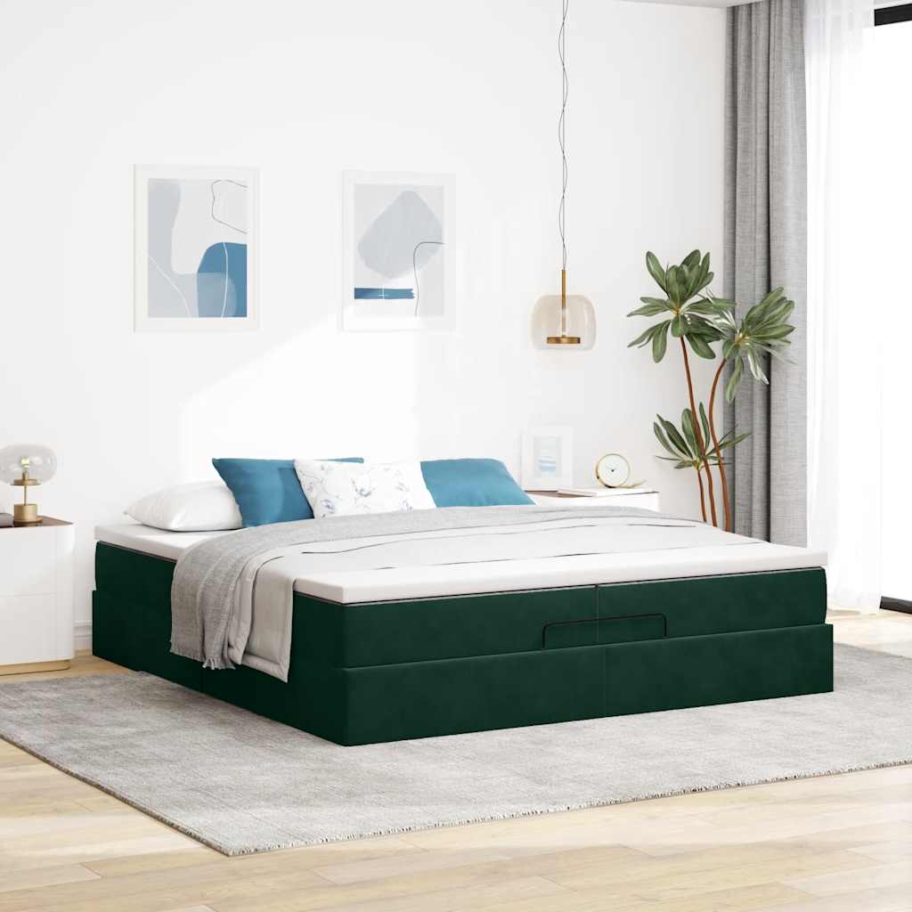 Okvir kreveta s madracima tamnozeleni 200x200cm baršunasti