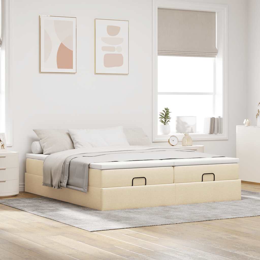 Otomanski okvir kreveta s madracima krem 200x200cm od tkanine