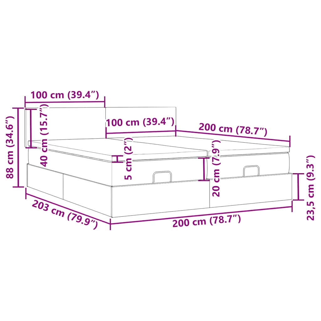 Otomanski okvir kreveta s madracima crni 200x200cm od tkanine