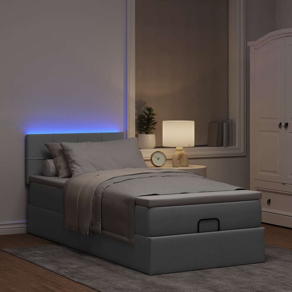 Otomanski krevet s madracem&LED svijetlosivi 90x200 cm tkanine