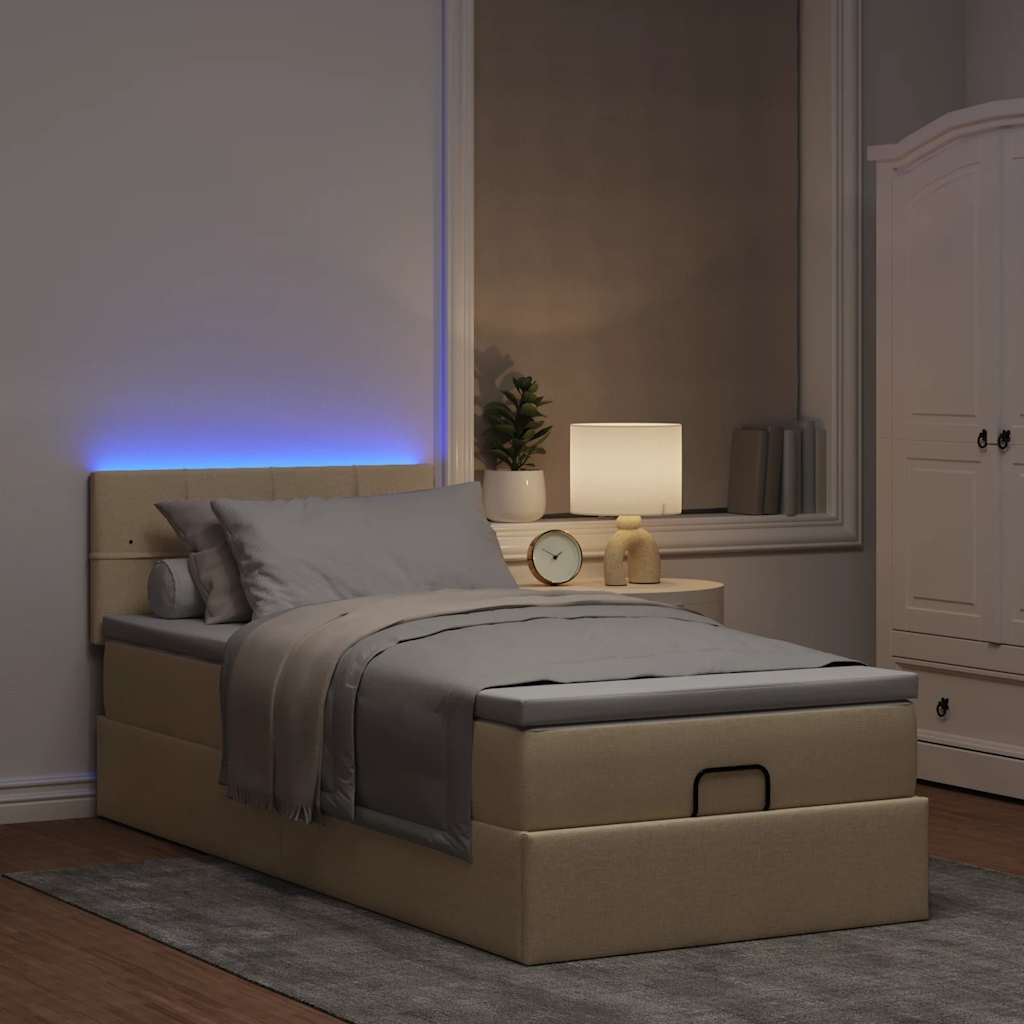 Otomanski krevet s madracem i LED krem 90x200 cm tkanine