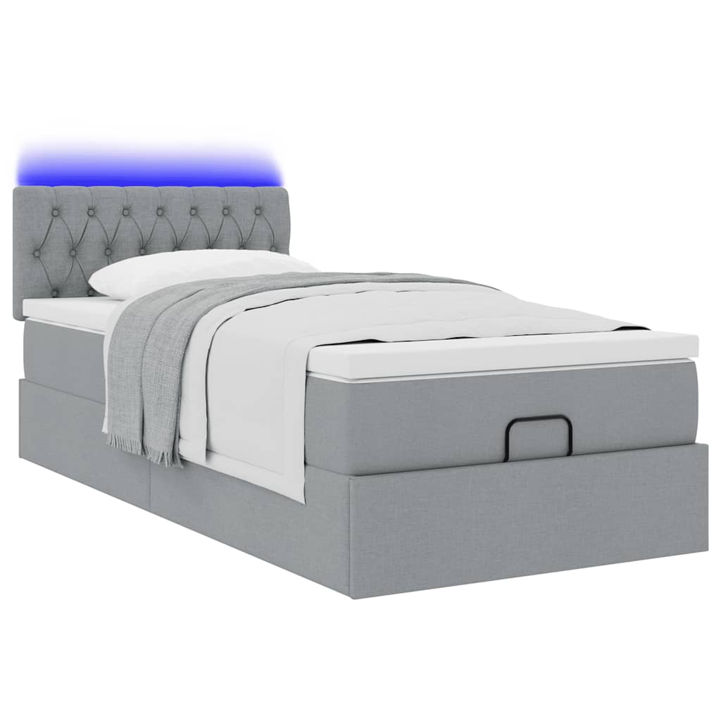 Otomanski krevet s madracem&LED svijetlosivi 90x200 cm tkanine