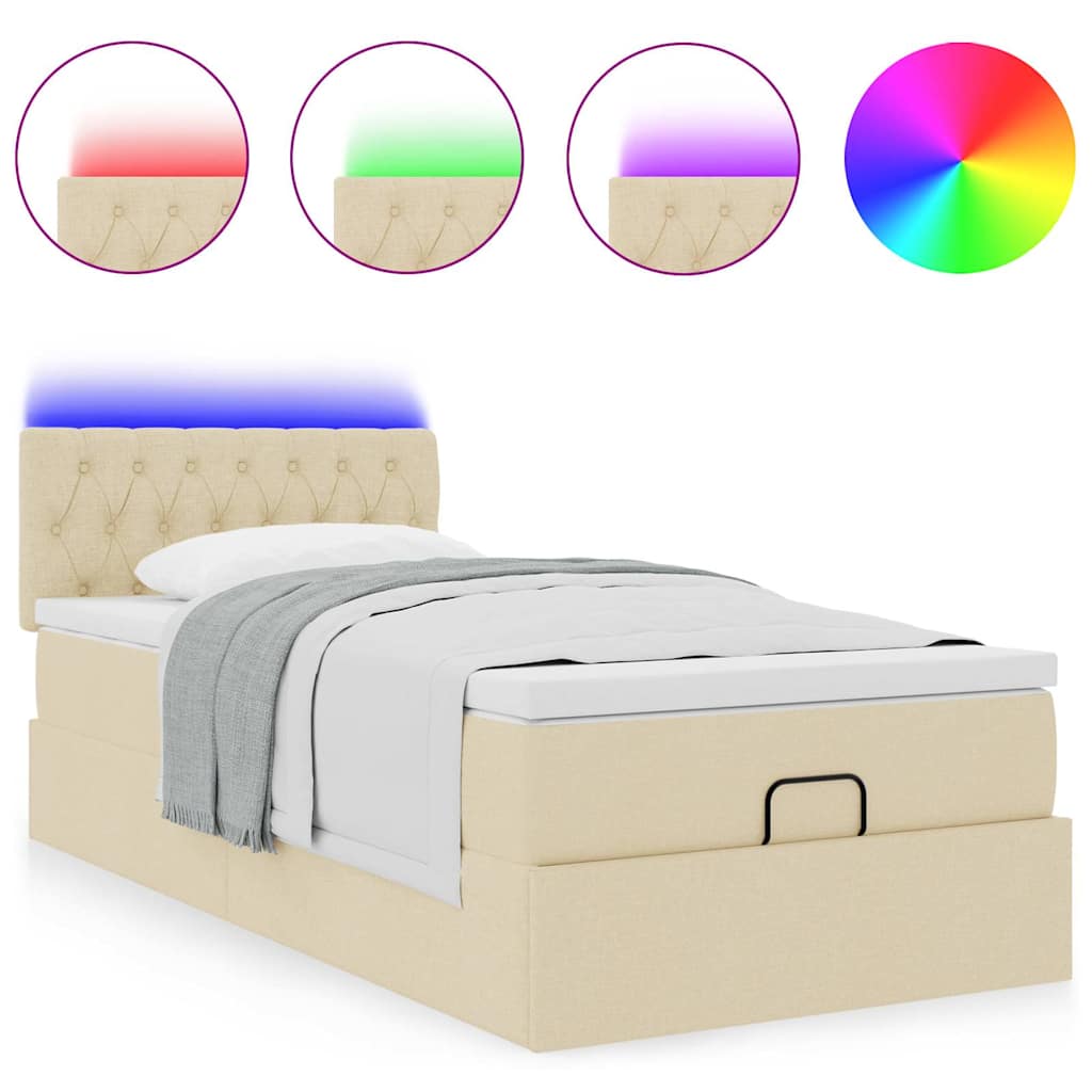 Otomanski krevet s madracem i LED krem 90x200 cm tkanine