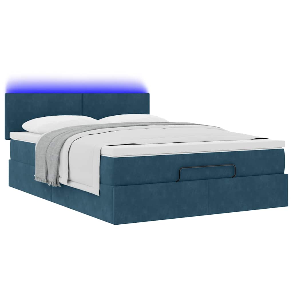 Ottoman krevet s madracem i LED diodama tamnoplavi 140x200 cm baršun