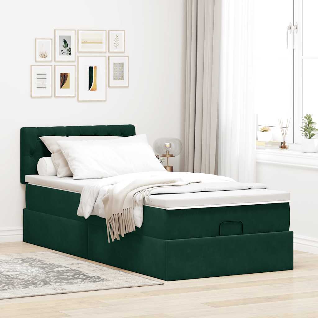 Otomanski krevet s madracem i LED tamnozeleni 90x200 cm baršun