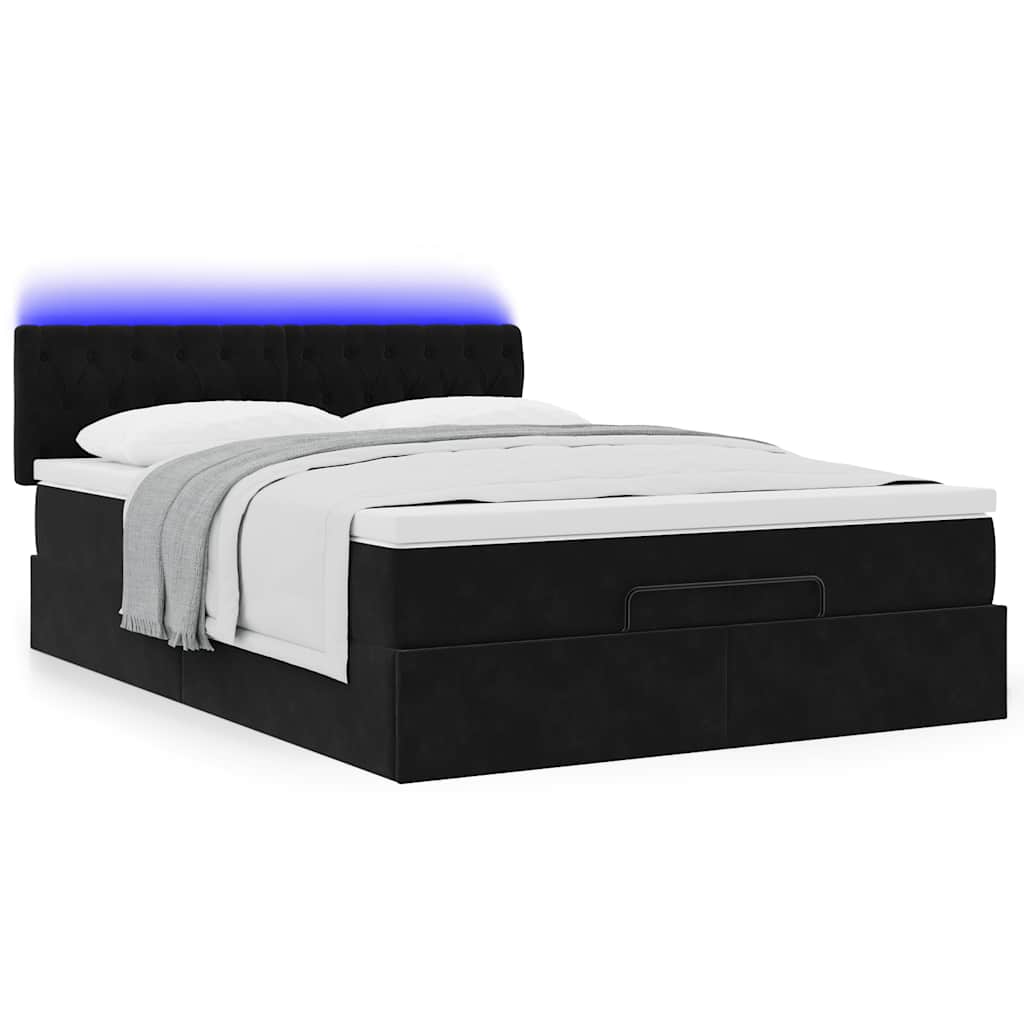 Ottoman krevet s madracem i LED diodama crni 140x200 cm baršun