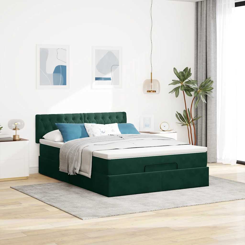 Otomanski krevet s madracem&LED tamnozeleni 140x200cm baršun