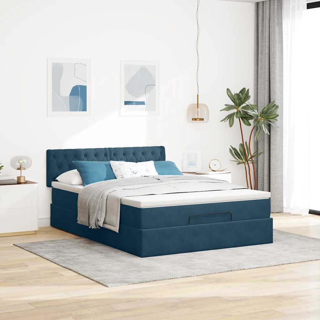 Ottoman krevet s madracem i LED diodama tamnoplavi 140x200 cm baršun
