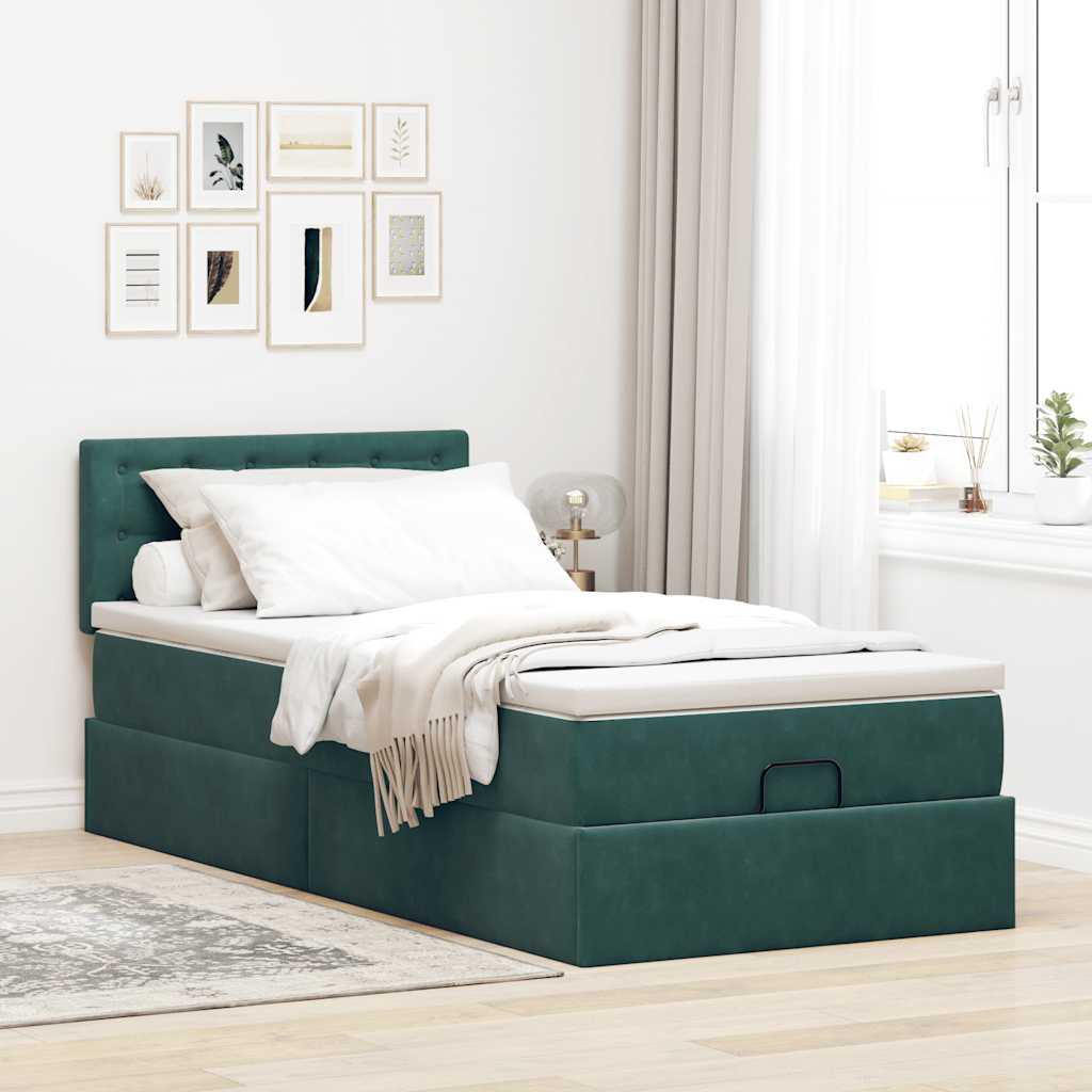 Otomanski krevet s madracem i LED tamnozeleni 90x200 cm baršun