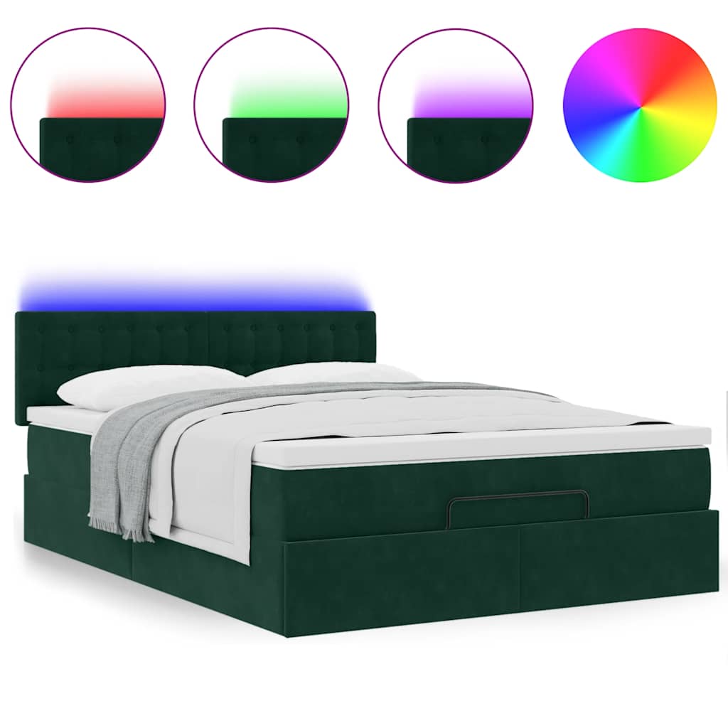 Ottoman krevet s madracem i LED diodama tamnozeleni 140x190 cm baršun
