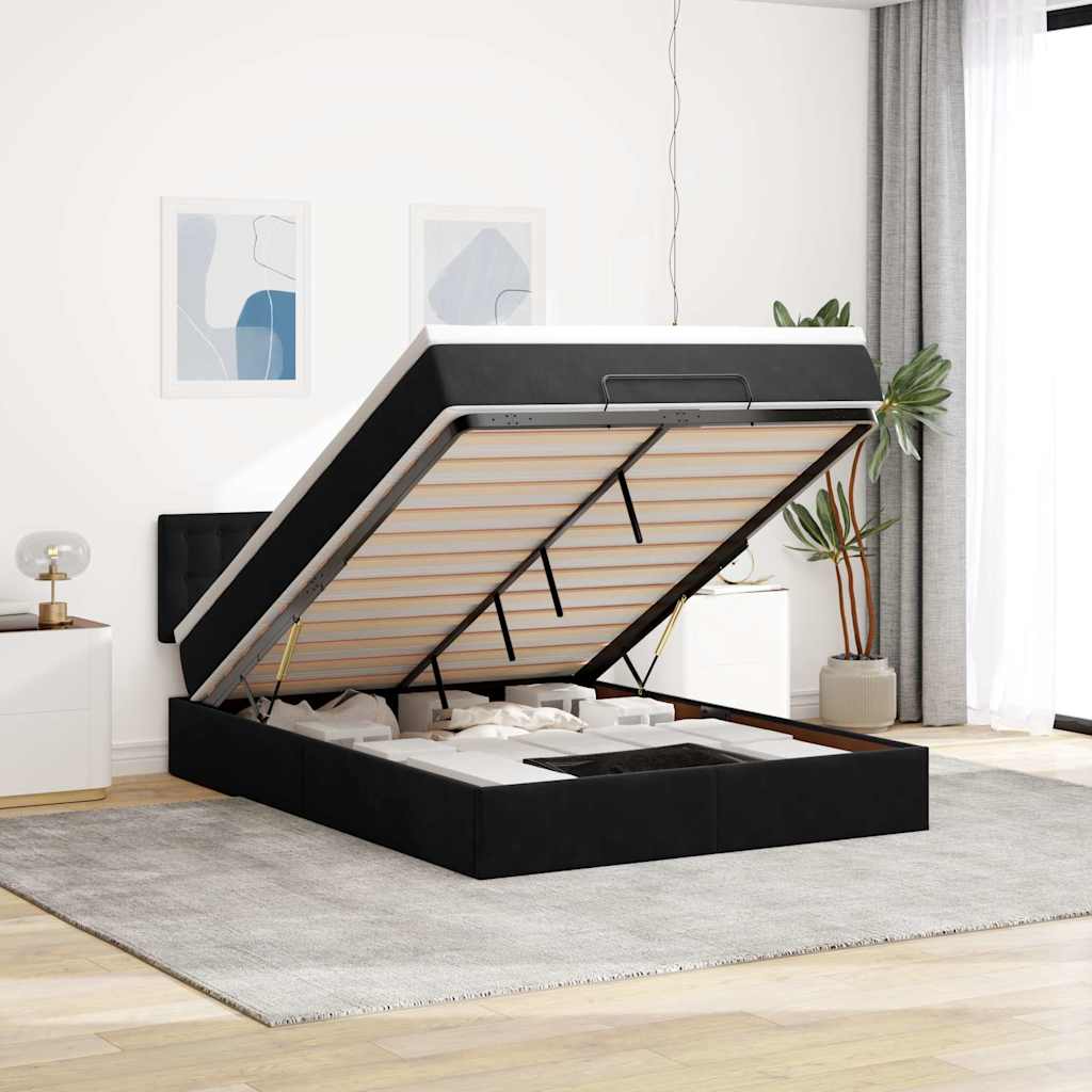 Ottoman krevet s madracem i LED diodama crni 140x200 cm baršun