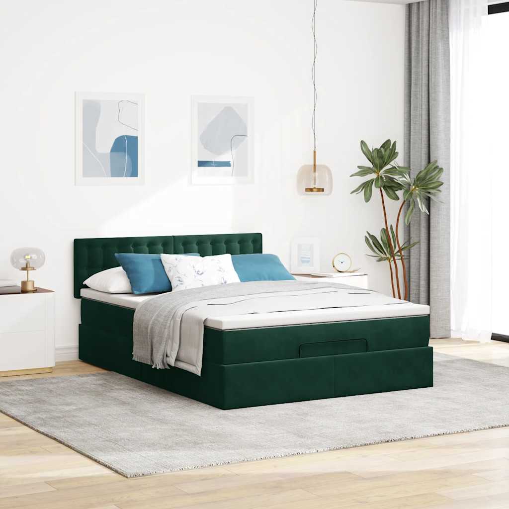 Otomanski krevet s madracem&LED tamnozeleni 140x200cm baršun