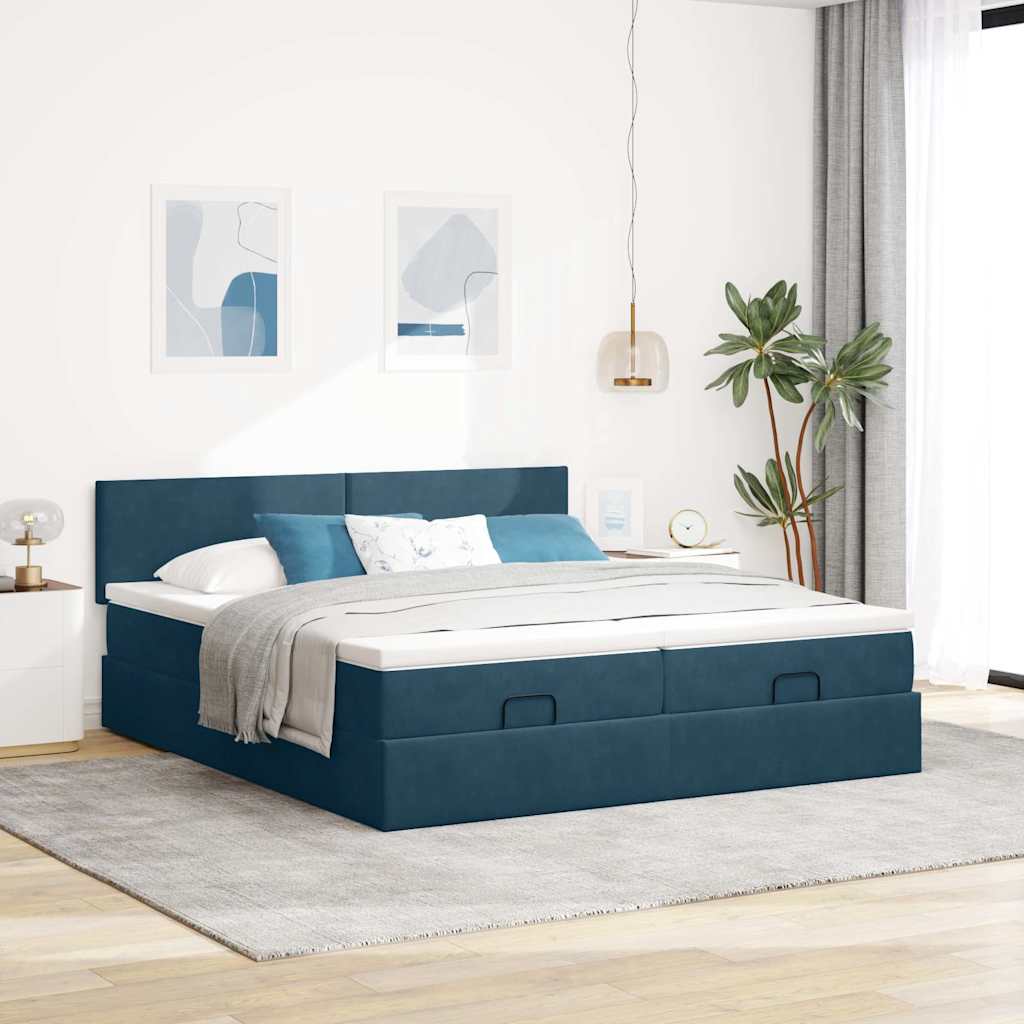 Otomanski okvir kreveta s madracima plavi 200x200cm baršunasti